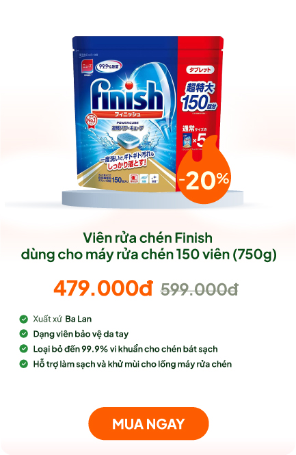 Viên rửa chén Finish khử mùi kháng khuẩn, sạch lồng máy 150 viên (750g)